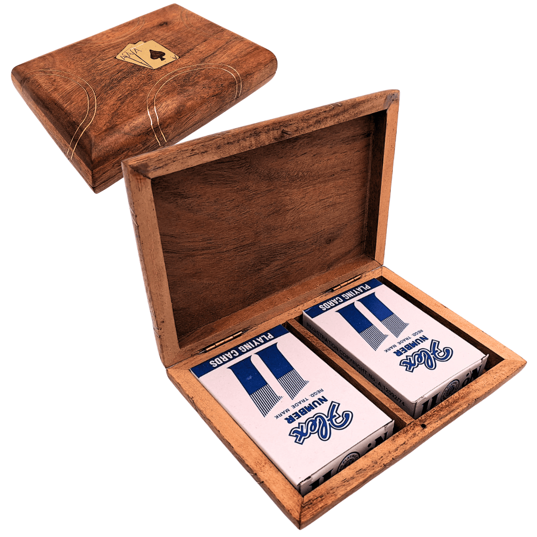 Elegante set di 2 mazzi di carte in scatola di legno con possibilità di incisione personalizzata