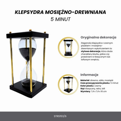 Clessidra in ottone e legno 5 minuti con sabbia nera con possibilità di personalizzazione con incisione – elegante decorazione retrò da regalo alta 16 cm