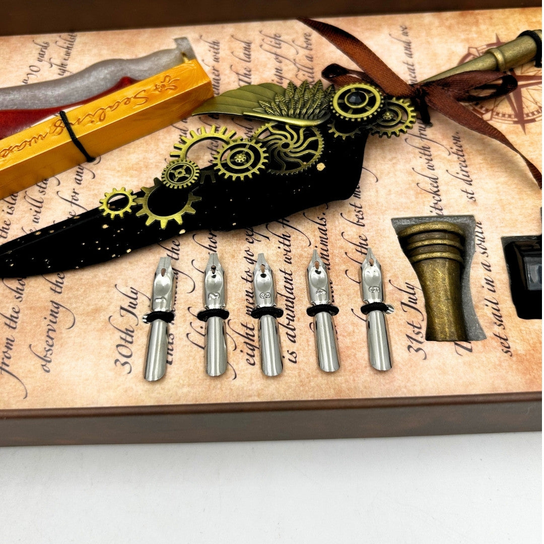 Set di Calligrafia Premium con Penna d'Oca, 6 Pennini Sostituibili, Sigillo e Supporto