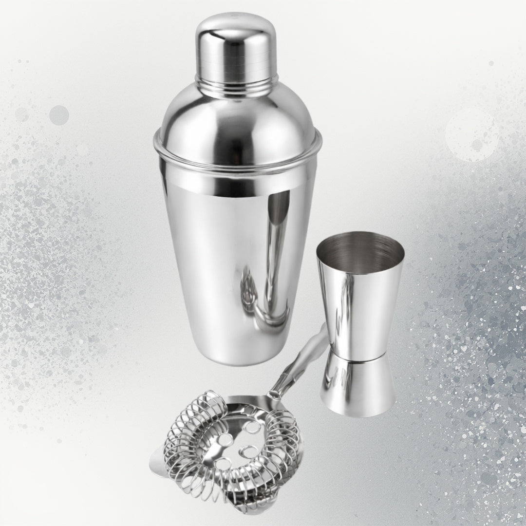 Set da bar in acciaio 3 pezzi con possibilità di incisione personalizzata - Shaker 750 ml, Jigger 15/30 ml, Colino - regalo elegante per amanti dei cocktail, acciaio inox, colore argento