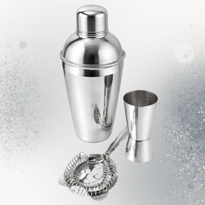 Set da bar in acciaio 3 pezzi con possibilità di incisione personalizzata - Shaker 750 ml, Jigger 15/30 ml, Colino - regalo elegante per amanti dei cocktail, acciaio inox, colore argento