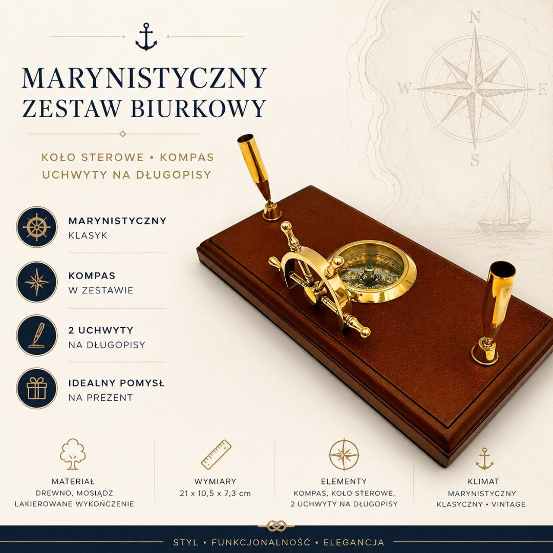 Set da Scrivania Marinaro con Incisione – Timone, Bussola, Portapenne in Legno Lucidato e Ottone