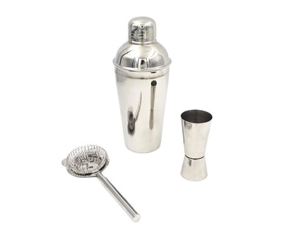 Set da bar in acciaio 3 pezzi con possibilità di incisione personalizzata - Shaker 750 ml, Jigger 15/30 ml, Colino - regalo elegante per amanti dei cocktail, acciaio inox, colore argento