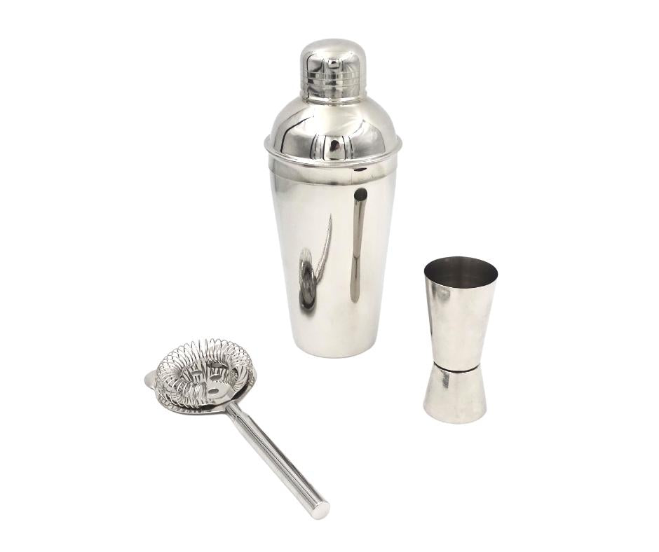 Set da bar in acciaio 3 pezzi con possibilità di incisione personalizzata - Shaker 750 ml, Jigger 15/30 ml, Colino - regalo elegante per amanti dei cocktail, acciaio inox, colore argento