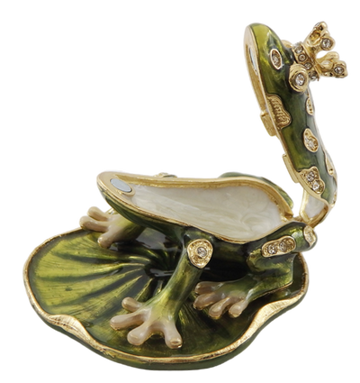Scatoletta esclusiva in metallo a forma di rana con cristalli, verde scuro e oro, possibilità di personalizzazione tramite incisione, ideale come regalo, dimensioni 6,5x6,7x4,5 cm