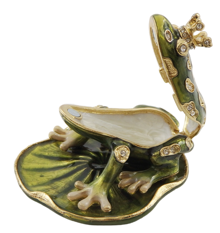 Scatoletta esclusiva in metallo a forma di rana con cristalli, verde scuro e oro, possibilità di personalizzazione tramite incisione, ideale come regalo, dimensioni 6,5x6,7x4,5 cm