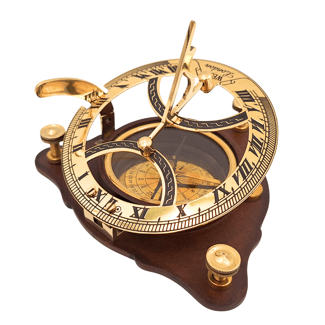 Elegante bussola in ottone con orologio solare su base in legno C064 con possibilità di incisione personalizzata