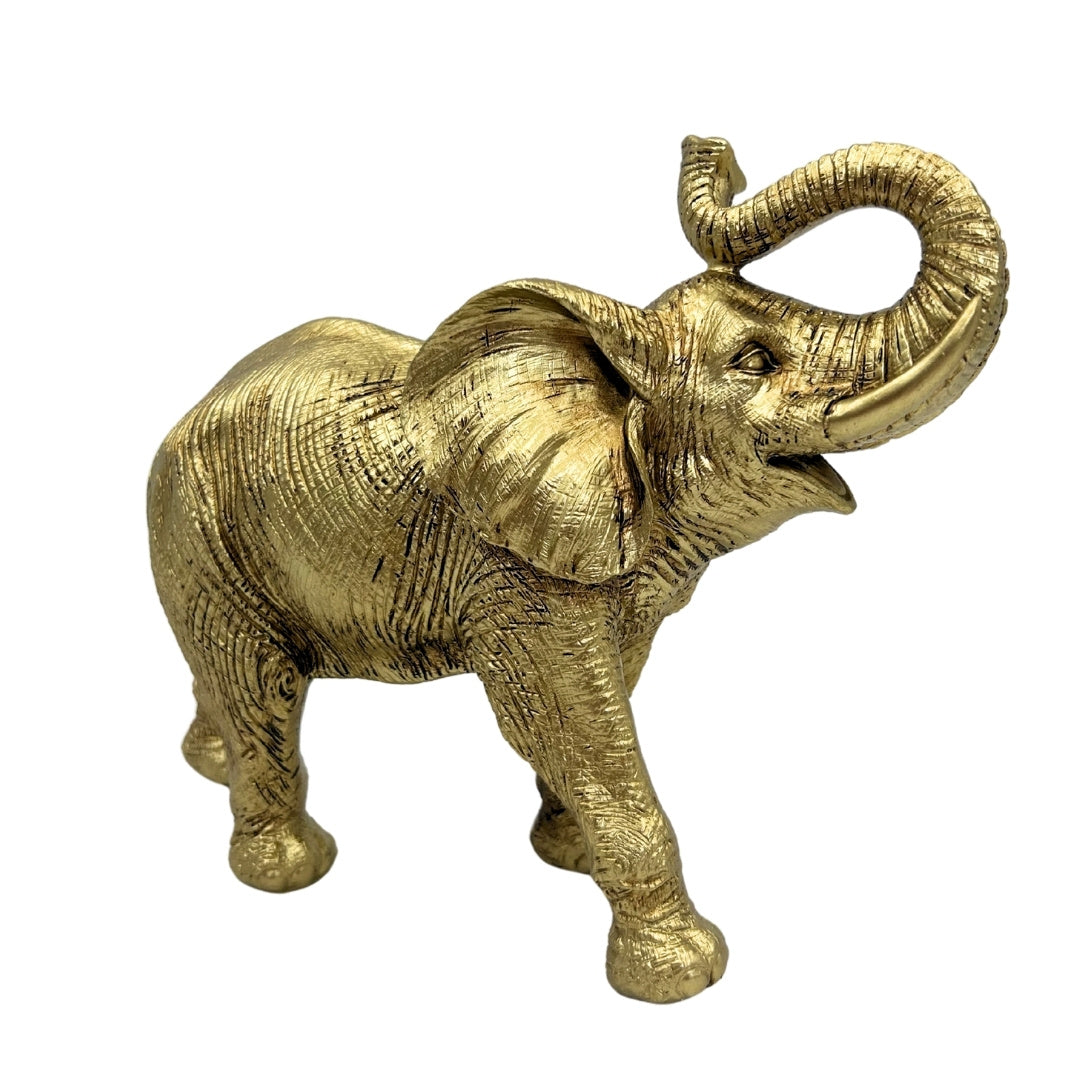 Elefante dorato con proboscide sollevata - elegante statuetta decorativa con possibilità di incisione personalizzata, perfetta come regalo - altezza 20,5 cm, materiale polyresina