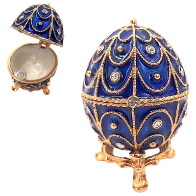 Scatola esclusiva in metallo con cristalli a forma di uovo Fabergé, blu navy e oro, 5,5x6,5 cm con possibilità di personalizzazione tramite incisione