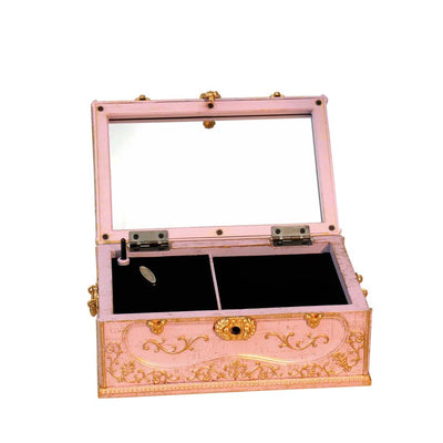 Scatola porta gioie con carillon rosa con decorazioni dorate, possibilità di incisione personalizzata, ideale come regalo, dimensioni 18x11,8x11,8 cm