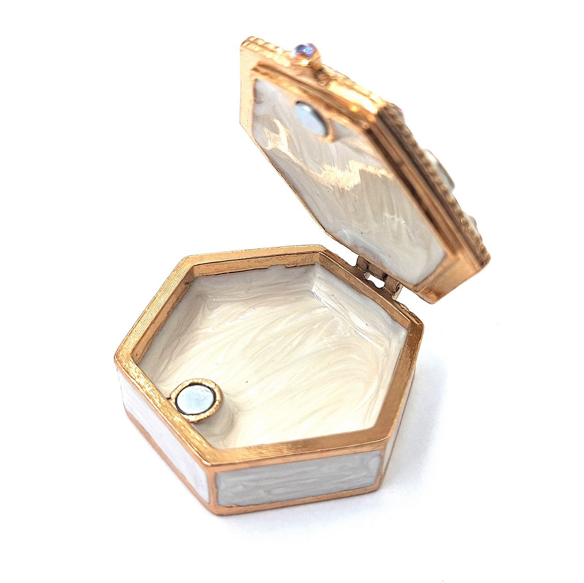 Elegante scatoletta regalo in metallo con cristalli B0035-08WH, bianco e oro, possibilità di personalizzazione tramite incisione, ideale per gioielli e piccoli oggetti, 5x5x2 cm