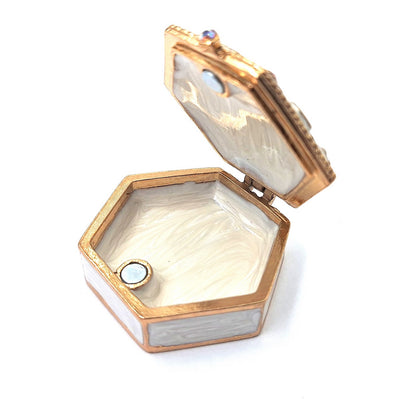 Elegante scatoletta regalo in metallo con cristalli B0035-08WH, bianco e oro, possibilità di personalizzazione tramite incisione, ideale per gioielli e piccoli oggetti, 5x5x2 cm