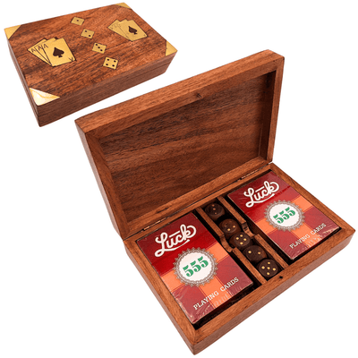Elegante Set da Gioco con Due Mazzi di Carte e Dadi in Scatola di Legno con Decorazioni in Ottone - Incisione Personalizzata