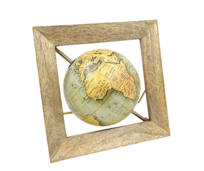 Globo decorativo GLB-40 in cornice di legno con possibilità di incisione personalizzata, mappa blu-gialla, diametro 15 cm
