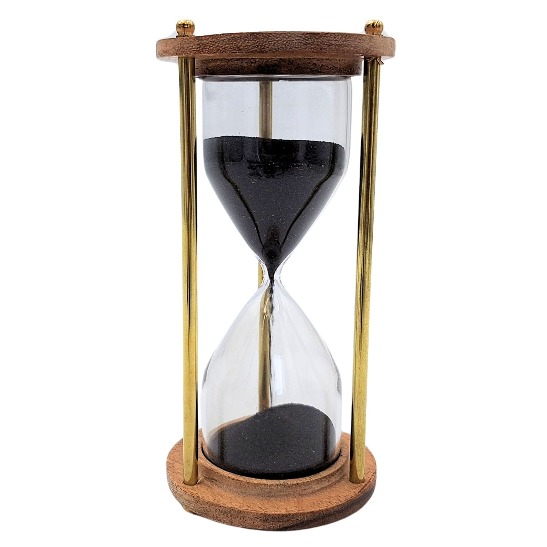 Clessidra in ottone e legno da 5 minuti con incisione personalizzata – elegante decorazione retrò per regalo – altezza 15,5 cm, sabbia nera, ottone e legno