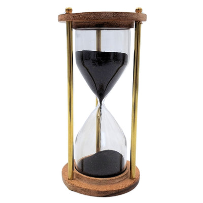Clessidra in ottone e legno da 5 minuti con incisione personalizzata – elegante decorazione retrò per regalo – altezza 15,5 cm, sabbia nera, ottone e legno