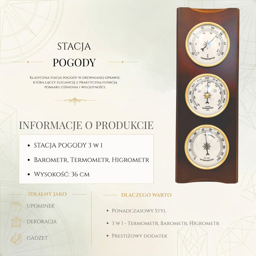Elegante Stazione Meteo Retrò 36 cm con Incisione – Barometro, Termometro, Igrometro in Custodia in Legno