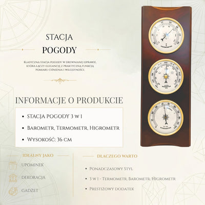 Elegante Stazione Meteo Retrò 36 cm con Incisione – Barometro, Termometro, Igrometro in Custodia in Legno