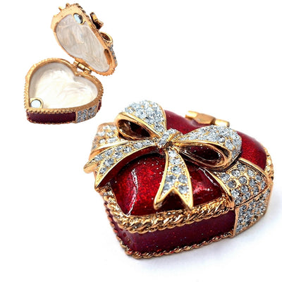 Scatoletta in metallo per gioielli a forma di cuore con cristalli, rosso, oro e argento, possibilità di personalizzazione tramite incisione, ideale come regalo romantico, dimensioni 4,8 x 4 x 2,5 cm