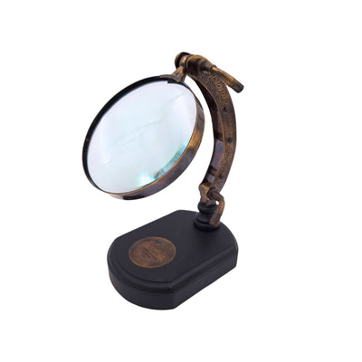 Elegante lente d'ingrandimento su base in legno con regolazione, possibilità di personalizzazione tramite incisione, ideale come regalo, altezza 20 cm, lente 10 cm, struttura e braccio in ottone