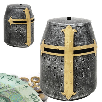 Salvadanaio elmo cavaliere crociato con personalizzazione tramite incisione – regalo unico in stile medievale, altezza 10 cm, dipinto a mano in poliresina