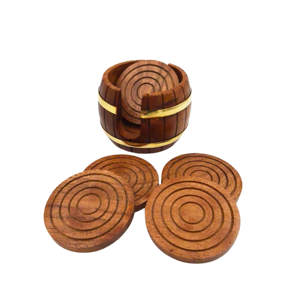 Sottobicchieri in legno con incisione - Set Barile con 6 sottobicchieri e contenitore con decorazioni in ottone