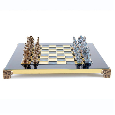 Scacchi in ottone 28 x 28 cm con incisione personalizzata – Regalo esclusivo per scacchisti, finitura a mano di alta qualità, colore antico con scacchiera blu navy e oro
