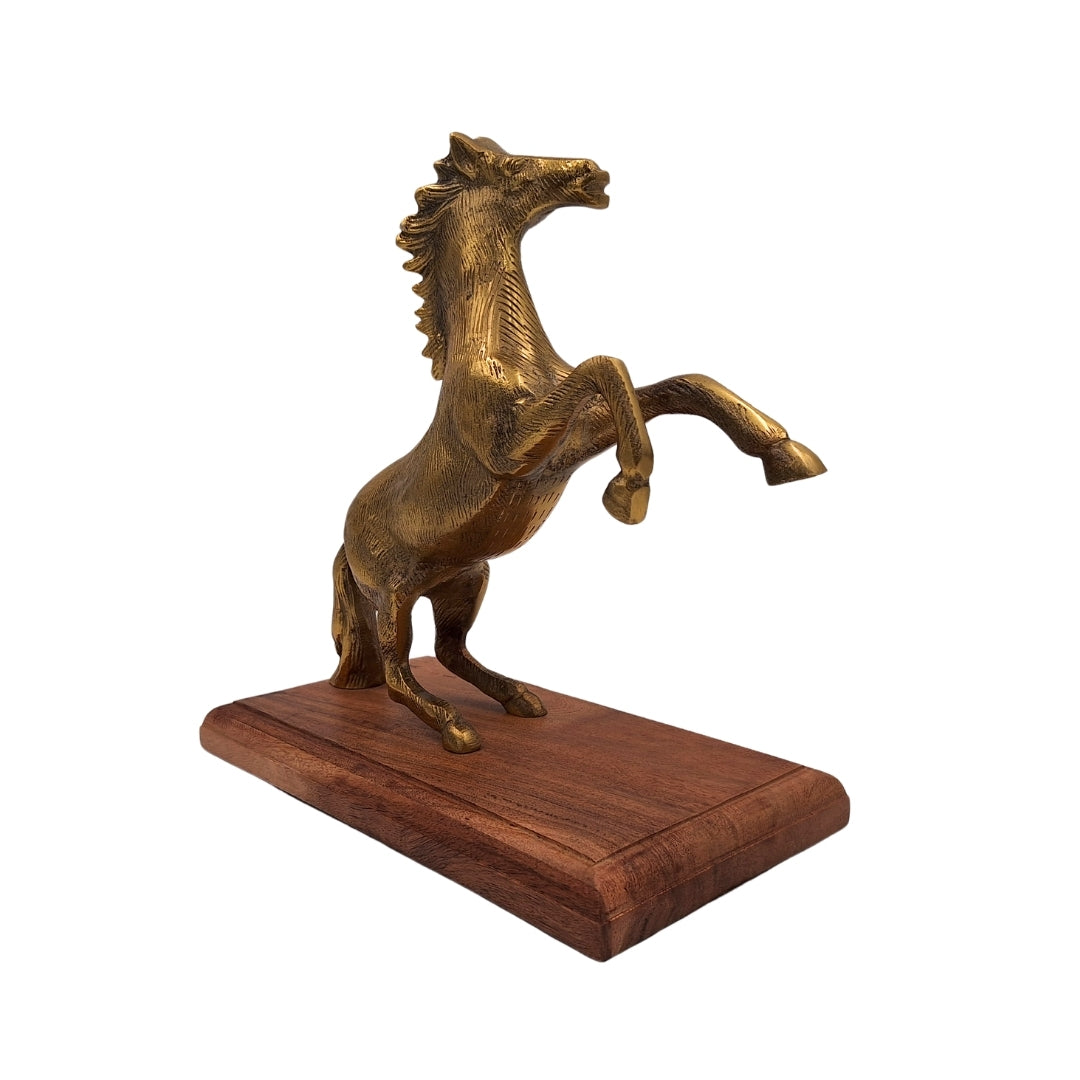 Statua di Cavallo in Alluminio su Base in Legno con Possibilità di Personalizzazione Incisa - Regalo Elegante in Colore Oro e Marrone, Altezza 27,5 cm