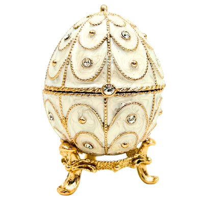 Esclusiva scatola uovo Fabergé in metallo con cristalli bianco-oro con possibilità di personalizzazione tramite incisione