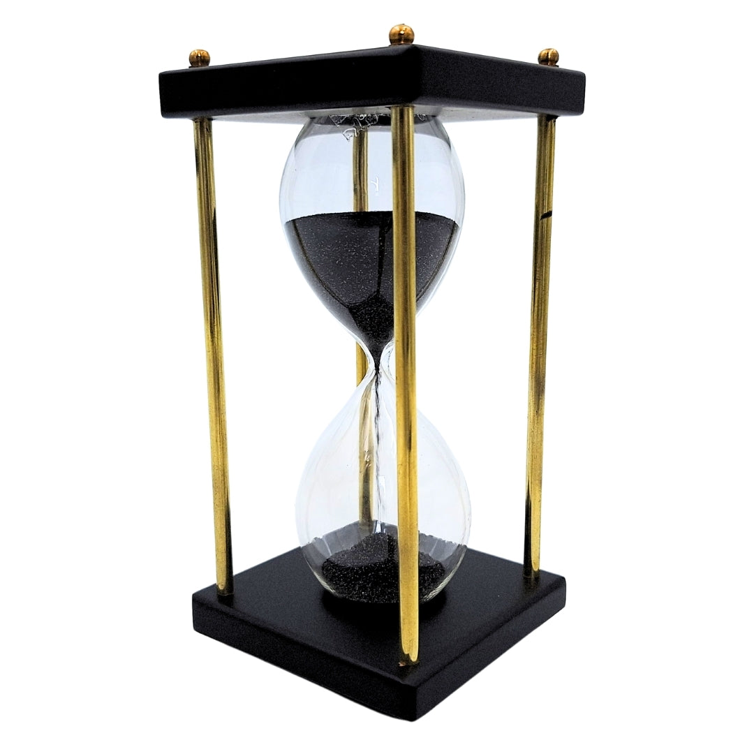 Clessidra in ottone e legno 5 minuti con sabbia nera con possibilità di personalizzazione con incisione – elegante decorazione retrò da regalo alta 16 cm