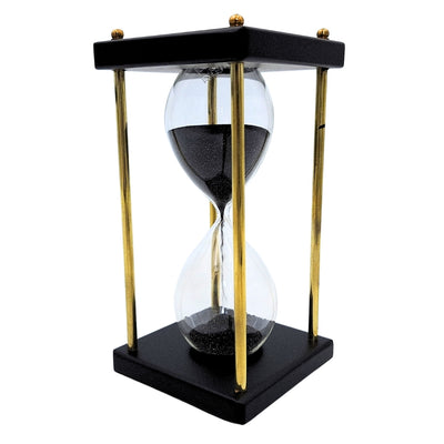 Clessidra in ottone e legno 5 minuti con sabbia nera con possibilità di personalizzazione con incisione – elegante decorazione retrò da regalo alta 16 cm