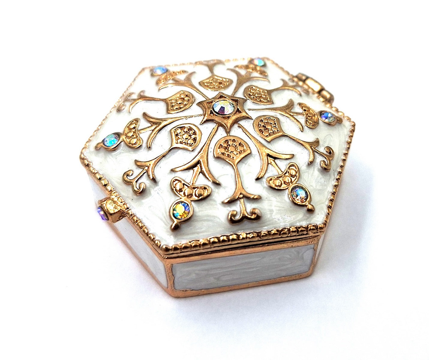 Elegante scatoletta regalo in metallo con cristalli B0035-08WH, bianco e oro, possibilità di personalizzazione tramite incisione, ideale per gioielli e piccoli oggetti, 5x5x2 cm