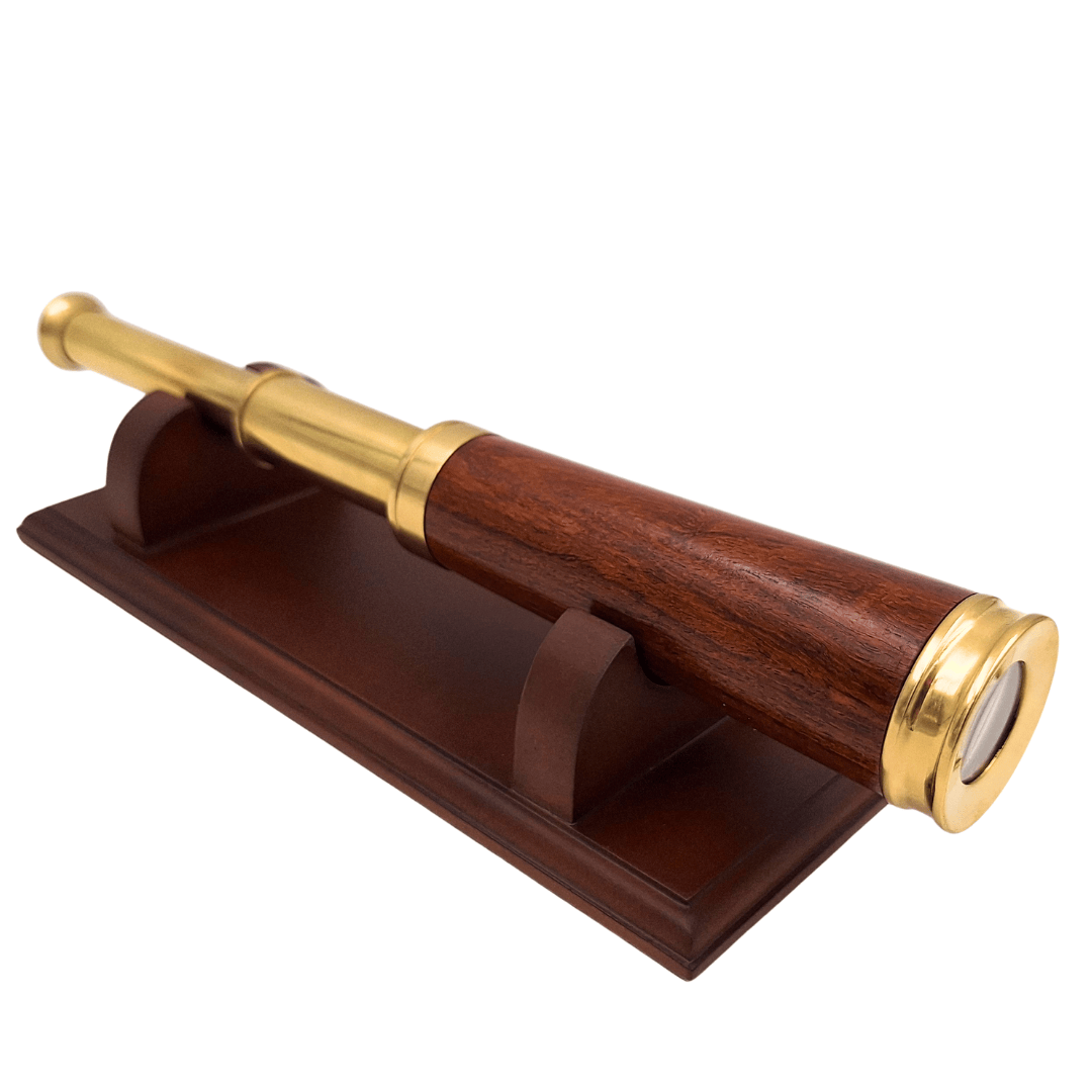 Cannocchiale in ottone e legno con possibilità di incisione personalizzata su elegante base in legno