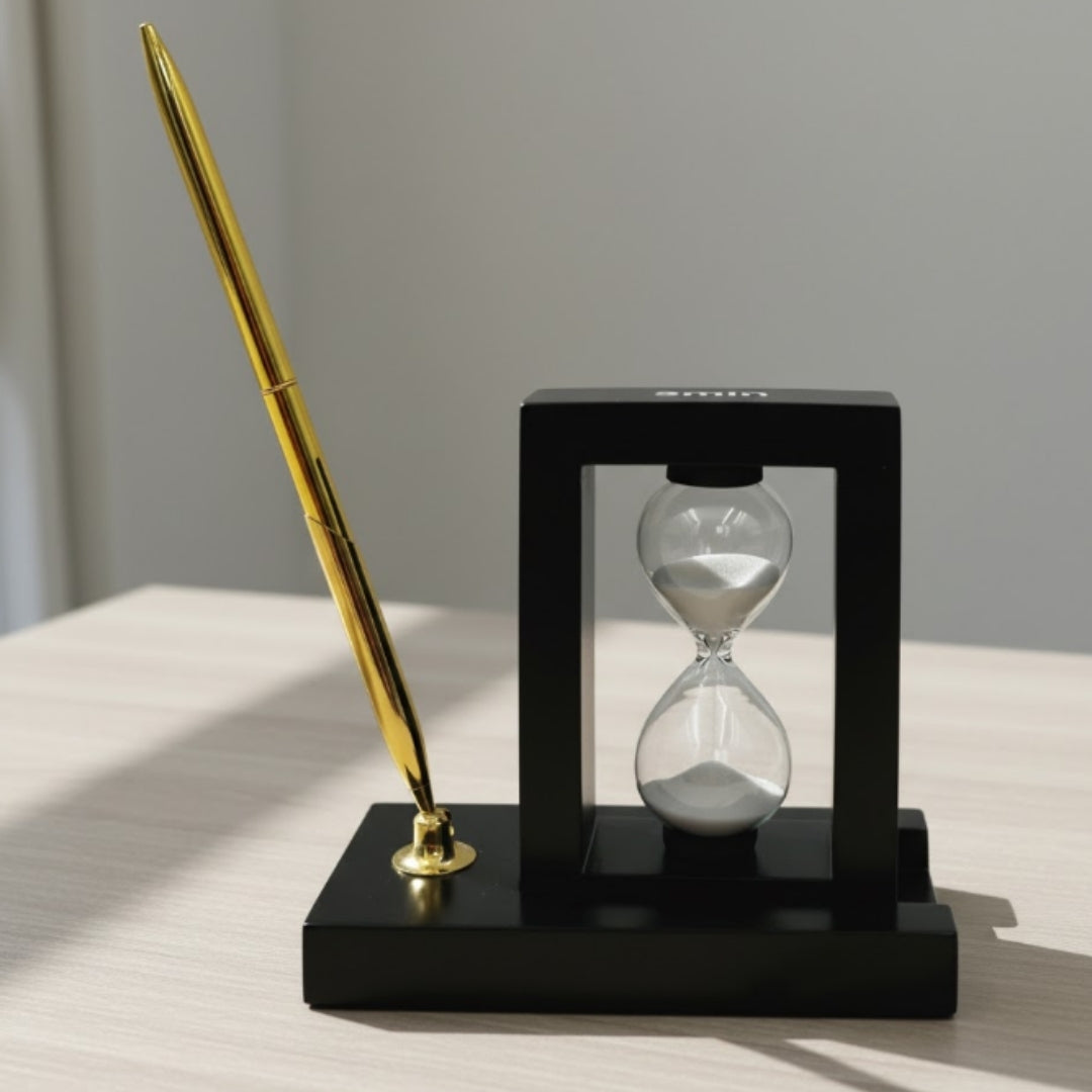 Set decorativo da scrivania con clessidra da 3 minuti e portapenne con incisione