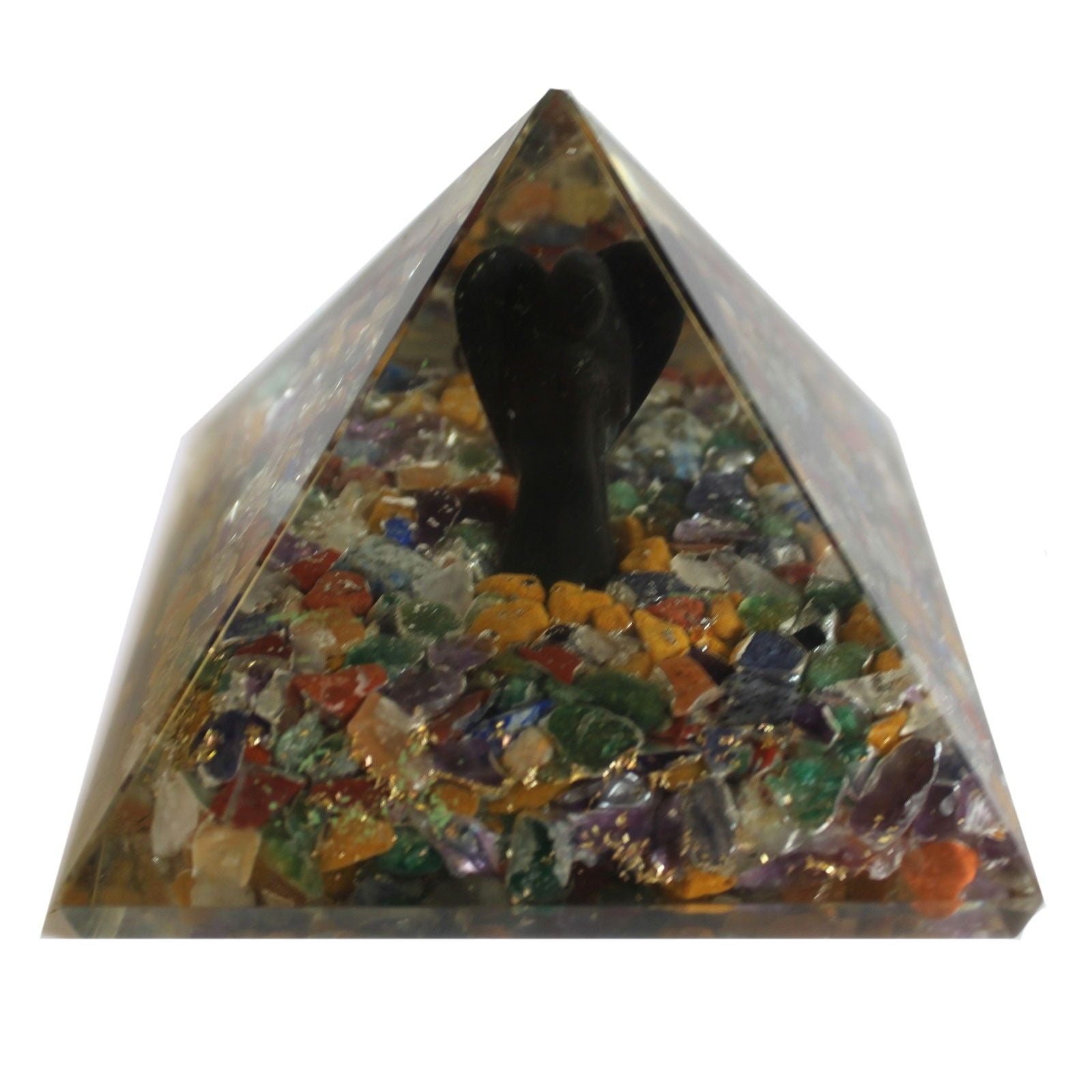 Piramide Magica Orgonite 70 mm - Angelo con Oggetti Esoterici, Interno Verdastro e Finitura a Mano
