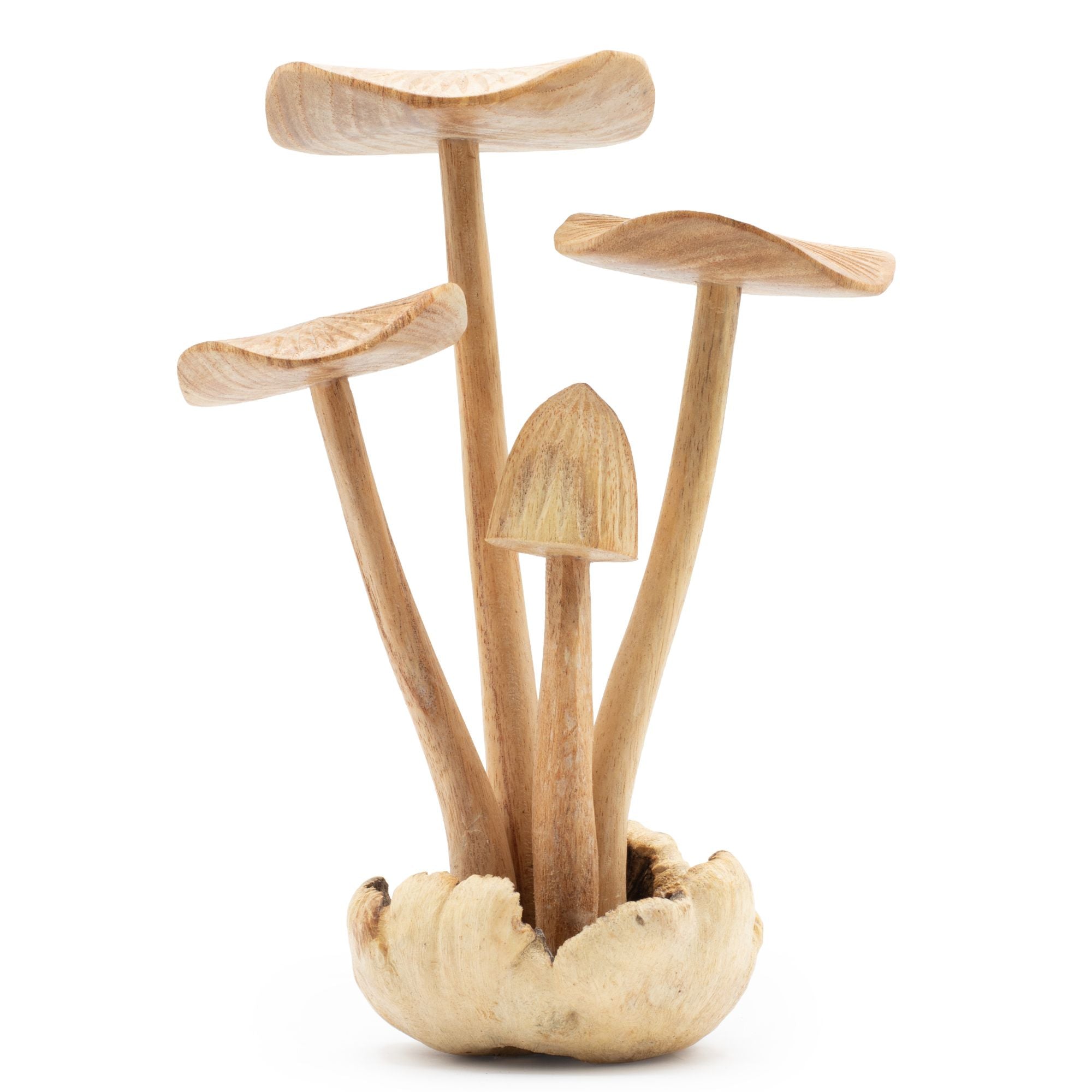 Funghi forestali intagliati a mano - Set di 4 grandi funghi in legno naturale, perfetti come regalo - Altezza 14 cm, stile rustico unico, ideali per la decorazione d'interni