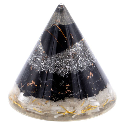 Cono di Orgone con Selenite e Tormalina Nera - Elegante Decorazione Altezza 90 mm, Resina Poliestere, Protezione contro l'Inquinamento Elettromagnetico