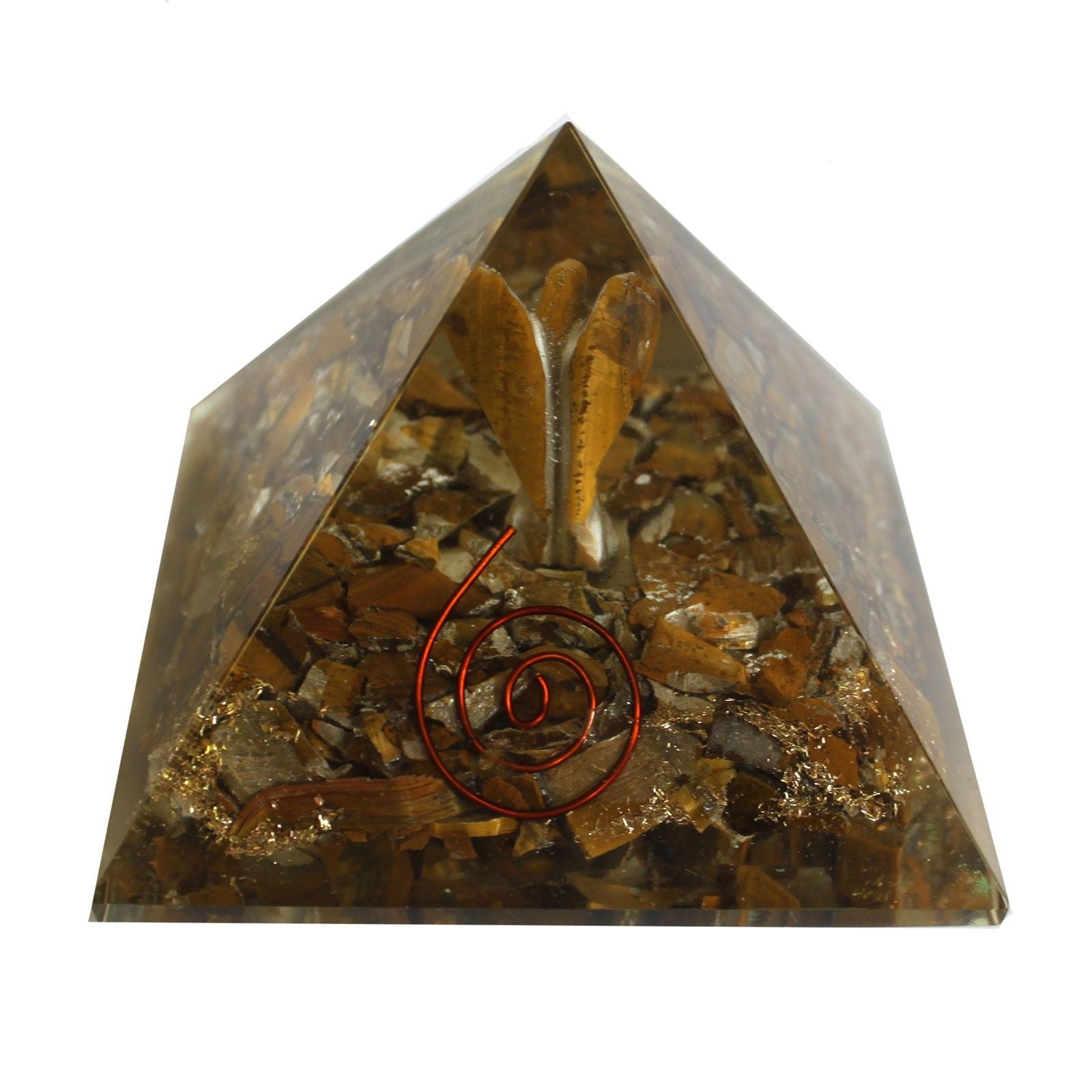 Piramide Magica Orgonite 70 mm - Angelo con Oggetti Esoterici, Interno Verdastro e Finitura a Mano
