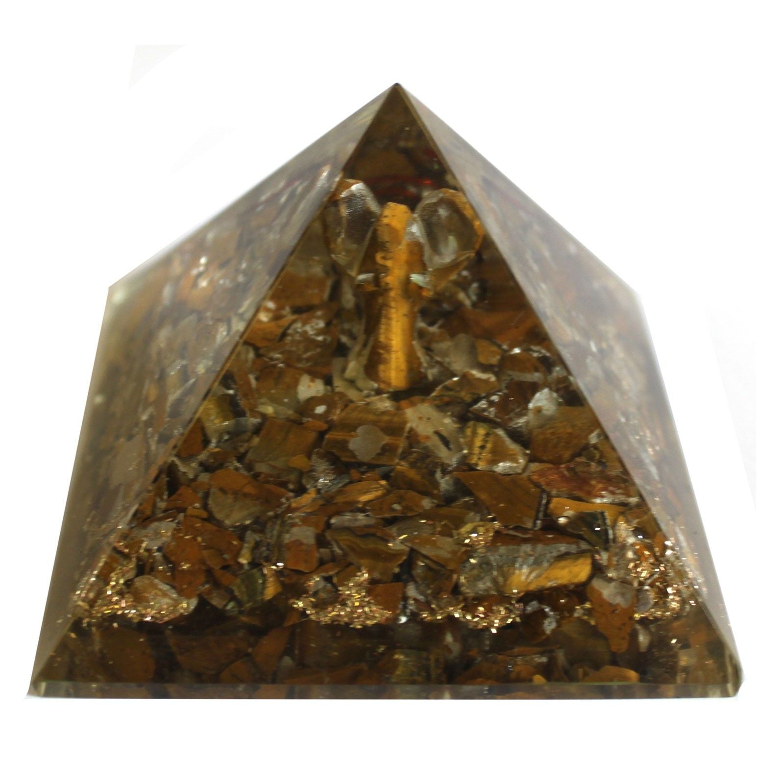 Piramide Magica Orgonite 70 mm - Angelo con Oggetti Esoterici, Interno Verdastro e Finitura a Mano