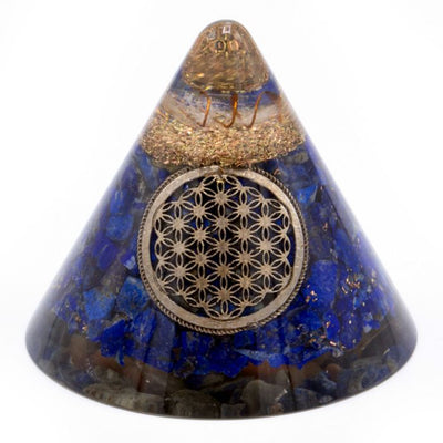 Cono Orgonite Lapislazzuli Fiore della Vita con Quarzo Sospeso - 90 mm, Blu-Oro, Resina Vetrata e Scaglie Metalliche