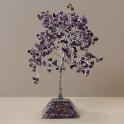 Albero della Fortuna con Cristalli di Ametista - 320 Pietre, Foglie Viola, Base Orgonite