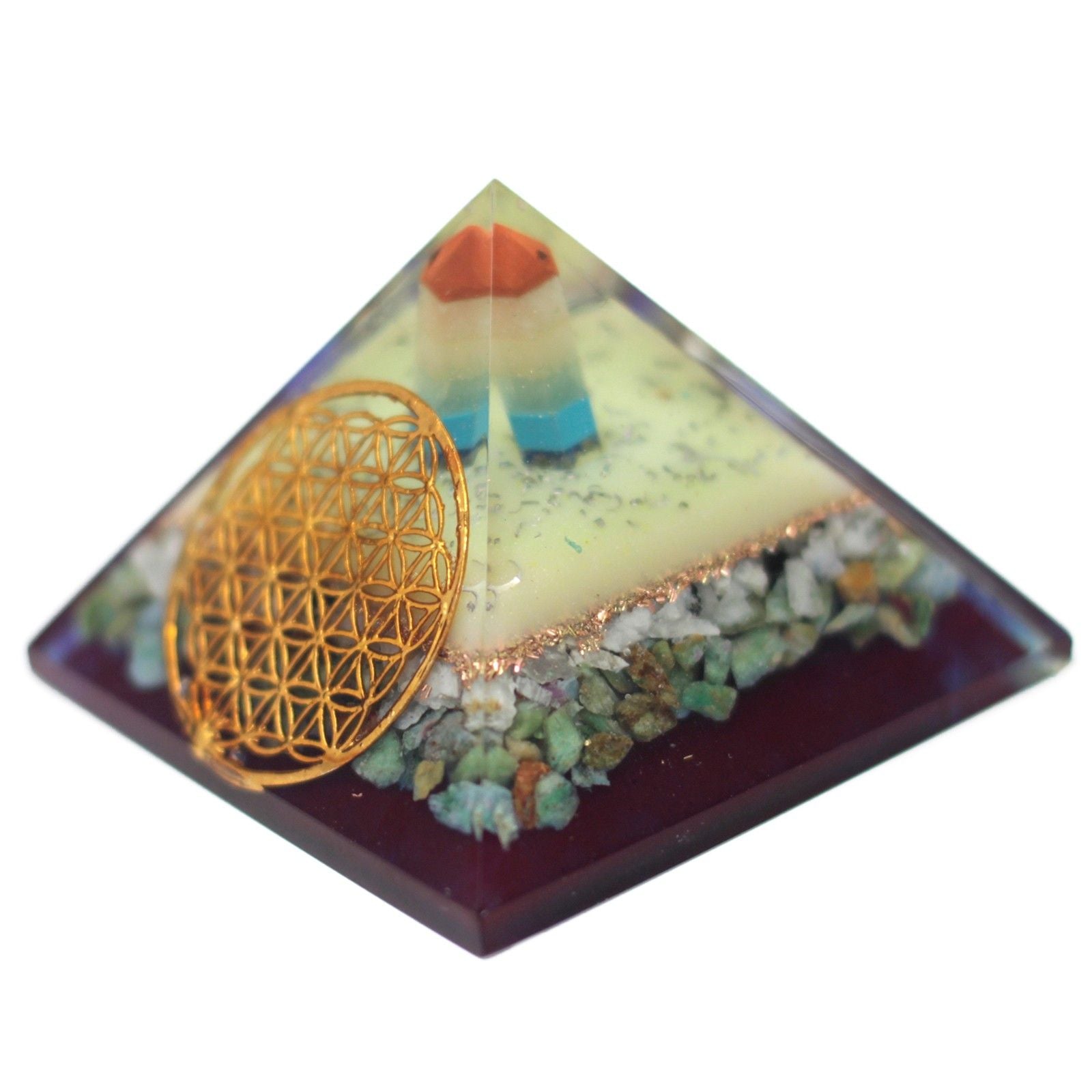 Grande Piramide Orgonite 70mm con simbolo del fiore della vita