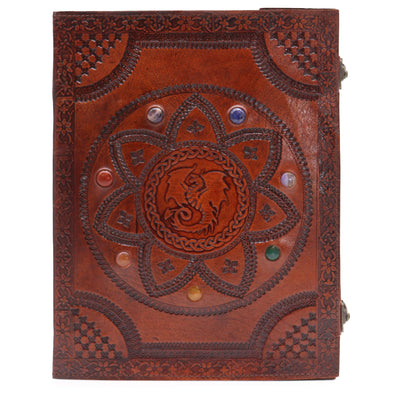 Libro della Mandala del Drago con Pietre Chakra - Realizzato a Mano, Pelle Naturale, 100 Pagine Lisce, 25x34 cm
