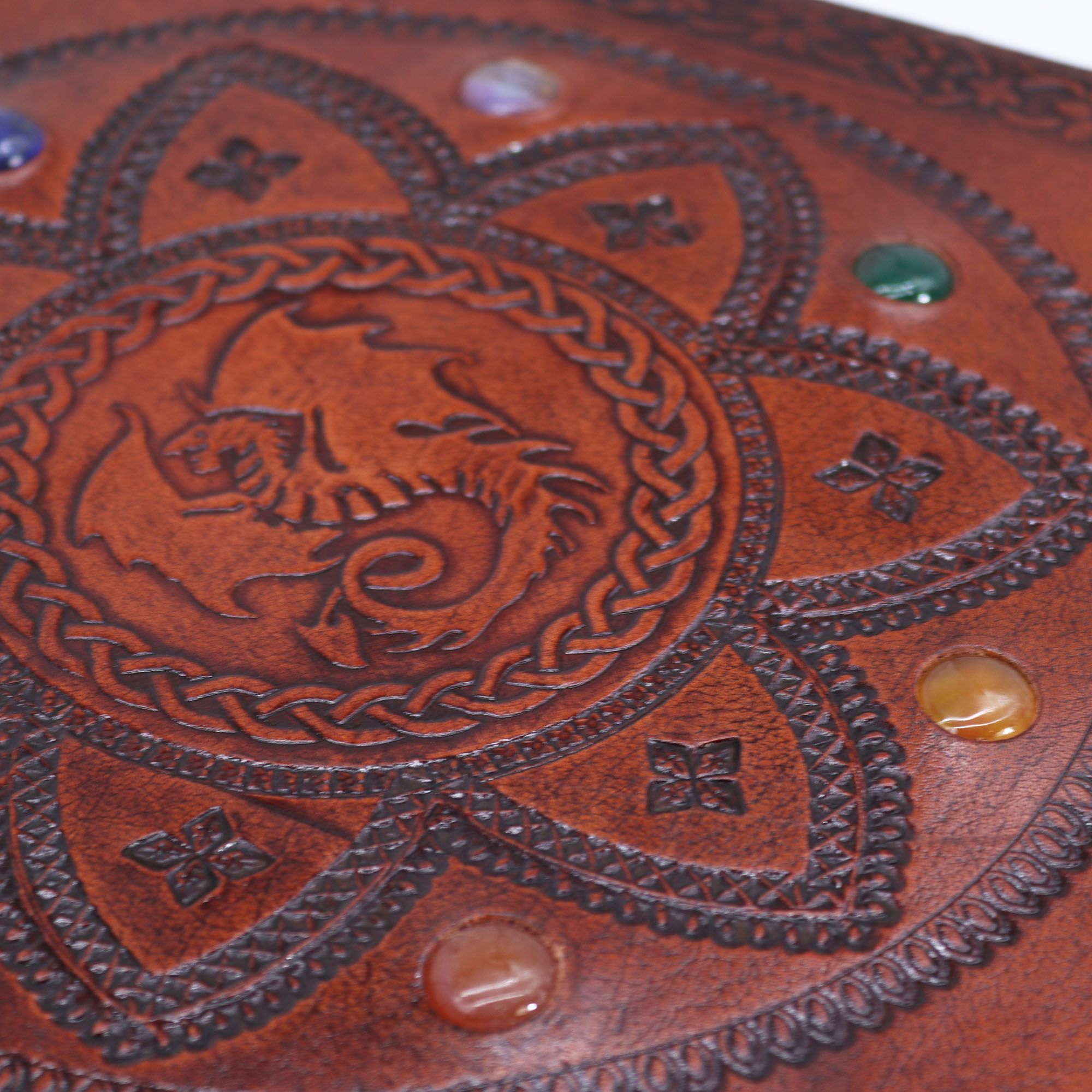 Libro della Mandala del Drago con Pietre Chakra - Realizzato a Mano, Pelle Naturale, 100 Pagine Lisce, 25x34 cm