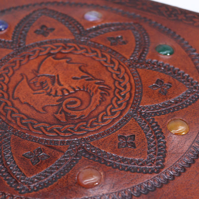 Libro della Mandala del Drago con Pietre Chakra - Realizzato a Mano, Pelle Naturale, 100 Pagine Lisce, 25x34 cm