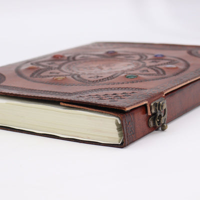 Libro della Mandala del Drago con Pietre Chakra - Realizzato a Mano, Pelle Naturale, 100 Pagine Lisce, 25x34 cm