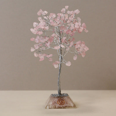 Alberello magico di cristallo di quarzo rosa su base in orgonite