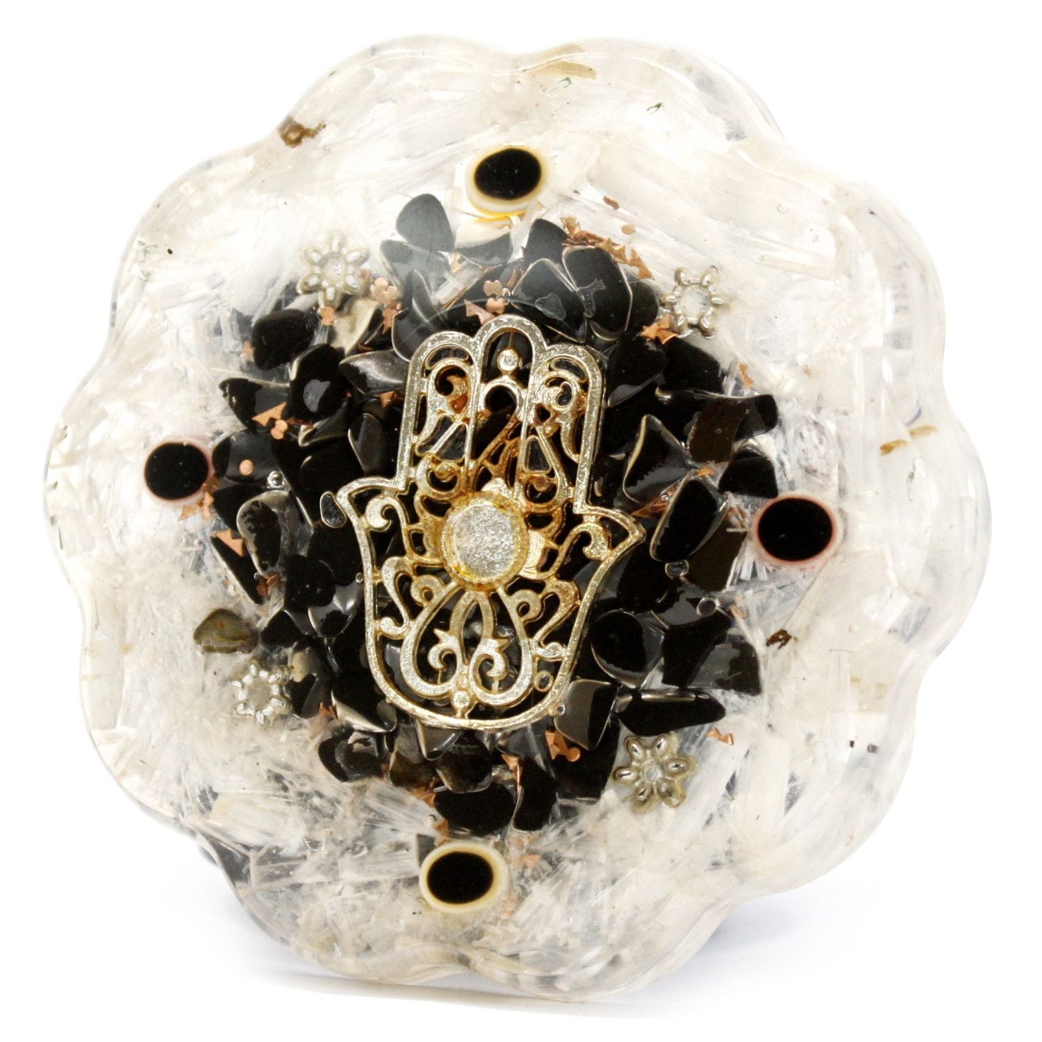Pacchetto di Energia da Scrivania Orgonite Hamsa con Selenite