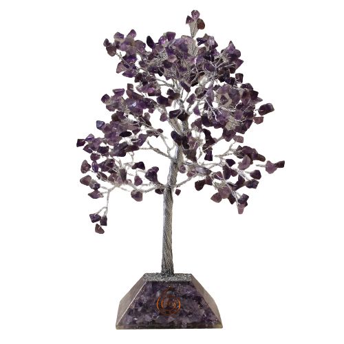 Albero della Fortuna con Cristalli di Ametista - 320 Pietre, Foglie Viola, Base Orgonite