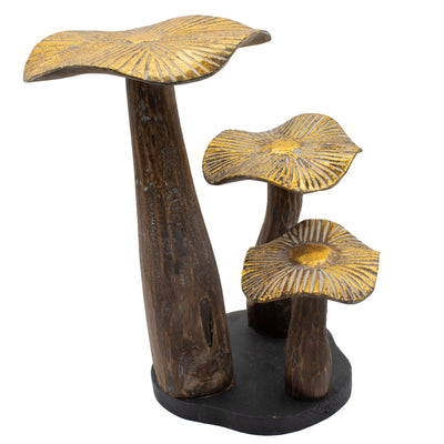 Grande scultura di fungo dorato 32 cm - legno naturale - elemento decorativo unico per regalo - stile forestale, rustico e moderno